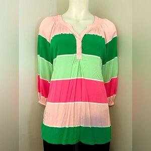 Crown & Ivy 3/4 blouse, women’s sz S, green, pink, white, smocked neck